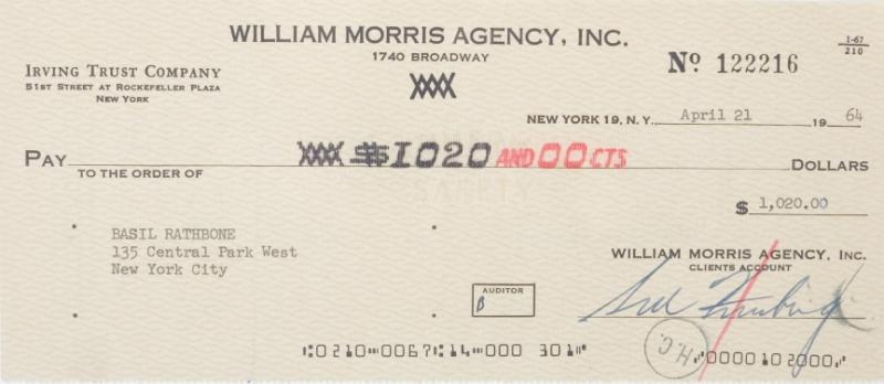 Basil Rathbone Check From The William Morris Agency The Fourth