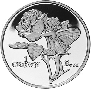 Actual Size: 39mm A flower fairy, drawn by Cicely Mary Barker, appears on a recent crown issued by the Isle of Man. It is believed to be similar to fairy drawings by Barker that "substantiated" Sir Arthur Conan Doyle's belief in their existence during the heyday of spiritualism.