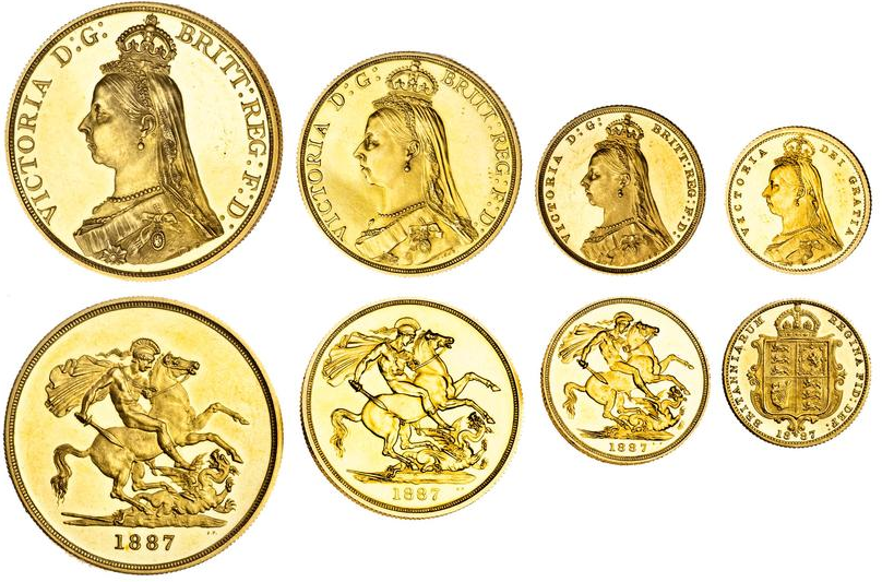 Five Pounds, Double Sovereign, Sovereign, Half Sovereign (Left to Right)