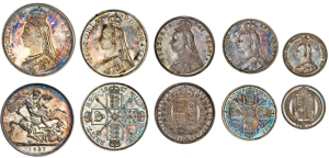 Crown, Double Florin, Half Crown, Florin, Shilling (Left to Right)