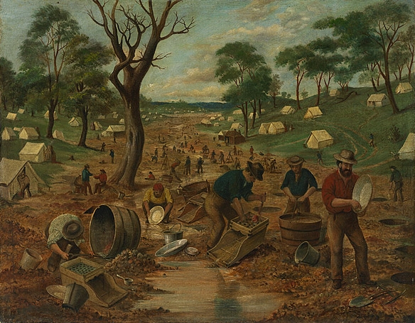An Australian gold diggings (circa 1855) by Edwin Stockqueler ~ http://cs.nga.gov.au/Detail.cfm?IRN=170523