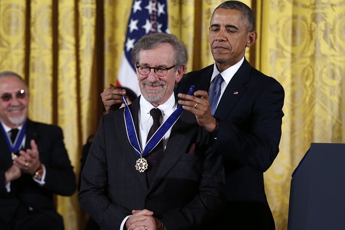 President Obama presents the Presidential Medal of Freedom to Steven Spielberg. ~ Photograph: Evan Vucci/AP