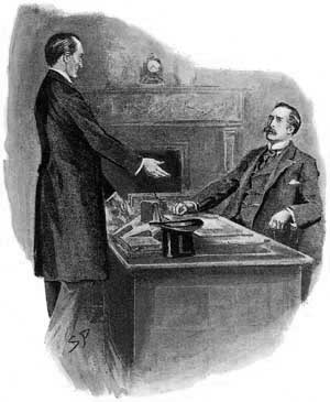 Sherlock Holmes was standing and smiling at me across my study table. - Illustration by Sidney Paget in The Strand Magazine, October 1903
