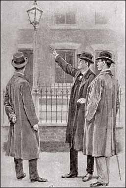 Holmes pointed to the street lamp above our heads. - Illustration by Sidney Paget in The Strand Magazine, May 1904