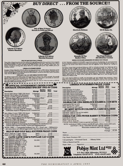 Pobjoy Mint advertisement from the April 1995 issue of The Numismatist featuring the Gibraltar Sherlock Holmes coins