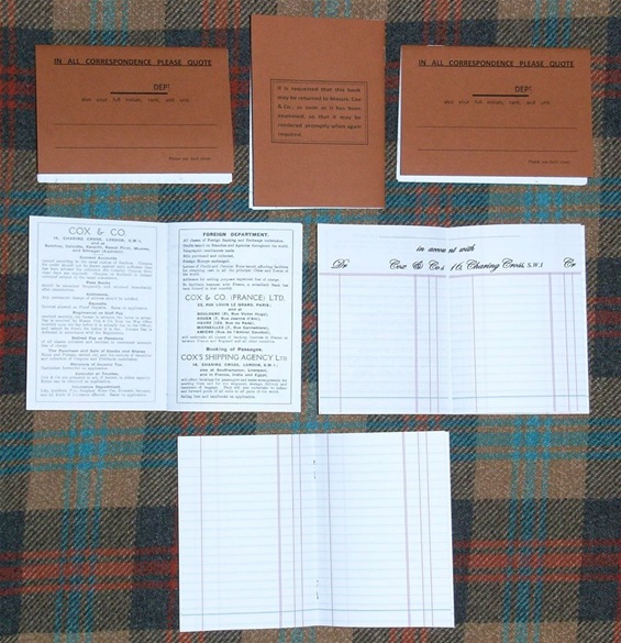 Reproduction period Cox & Co. accounts book, showing the contents, cover and rear.