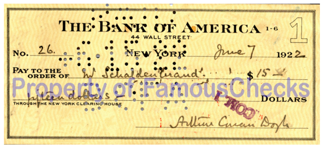 Reproduction of a 1922 check written by Arthur Conan Doyle ~ http://famous-celebrity-autographs.com